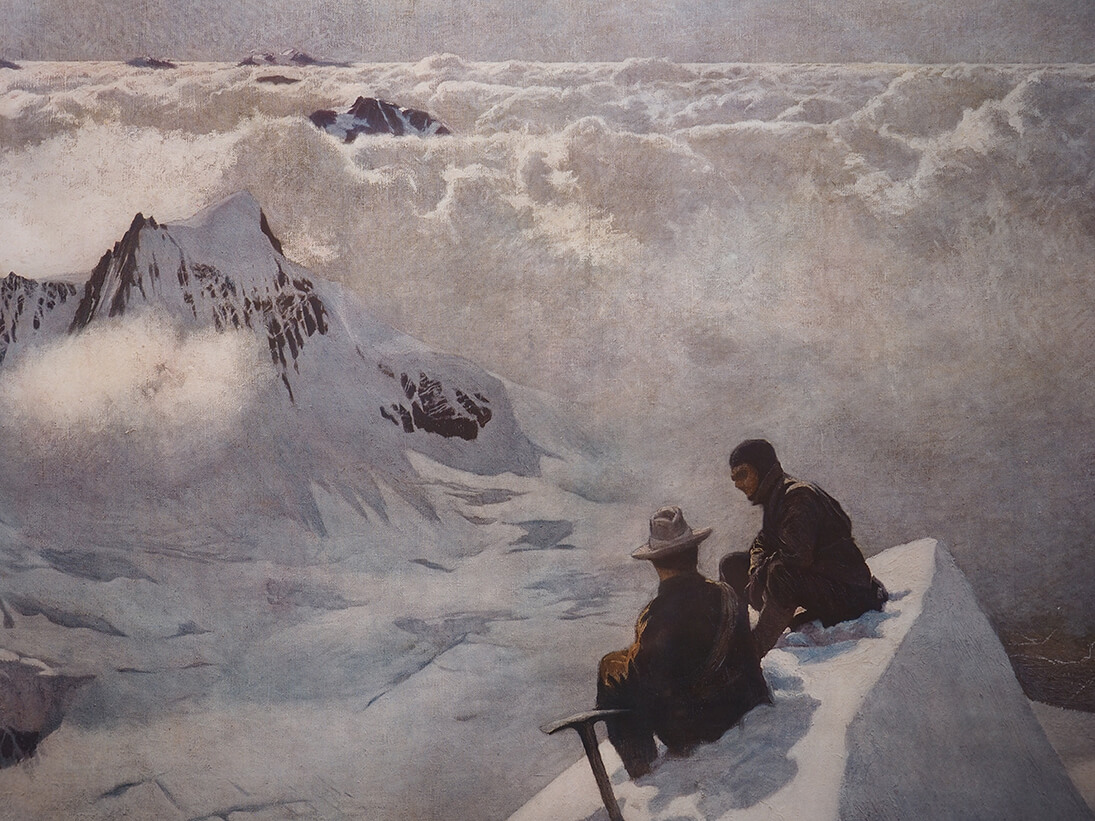 Wanderer in den Alpen gönnen sich auf diesem Gemälde eine wohlverdiente Pause nach Erreichen des Berggipfels